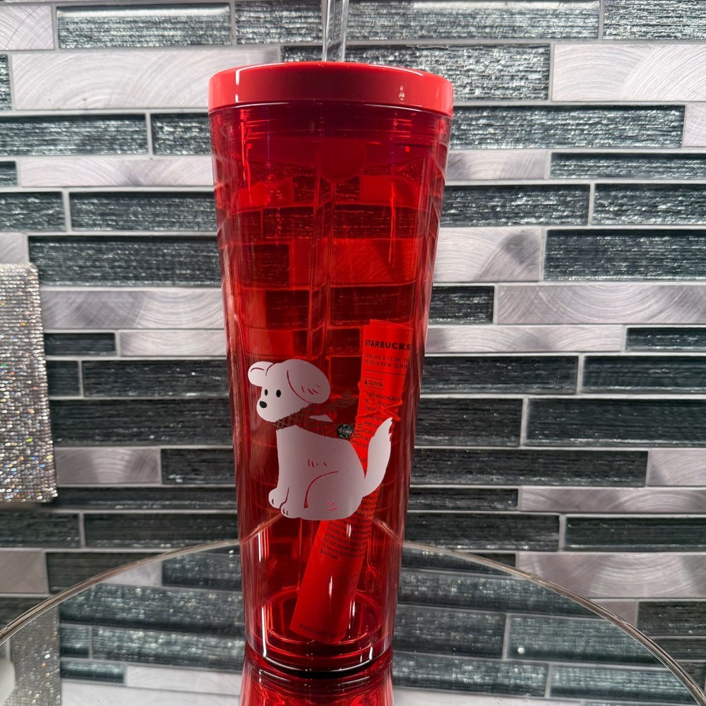 Starbucks 2025 Holiday Red with White Puppy Plastic Cold Cup Tumbler